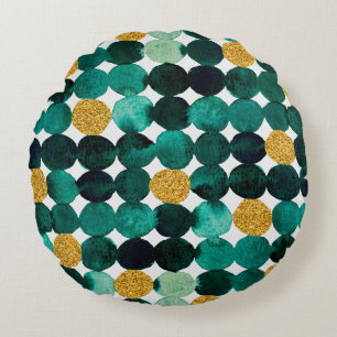 Dots pattern - emerald and gold glitter round cushion