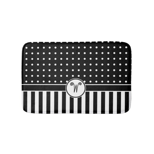 Dots Stripes Monogram Black White Bath Bath Mat (Front)