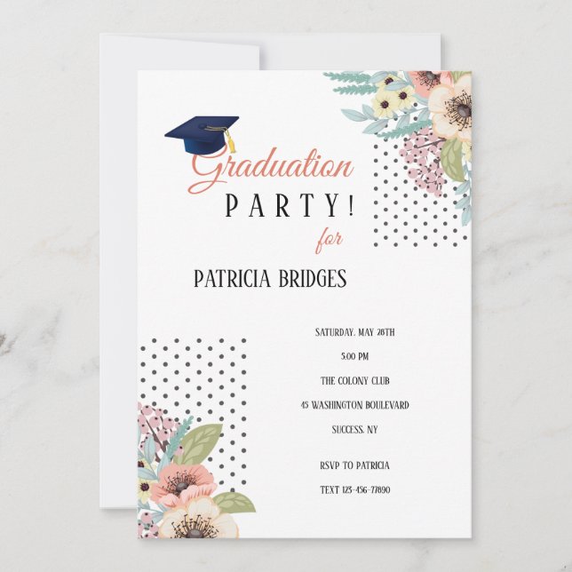 Dotted Floral Graduation Party Invitation (Front)