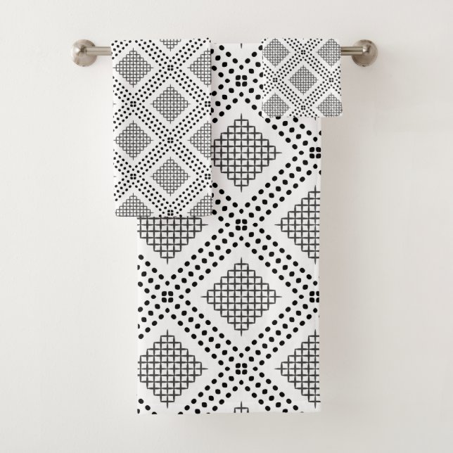 Dotted Grid: Repetitive Black and White Square Bath Towel Set (Insitu)