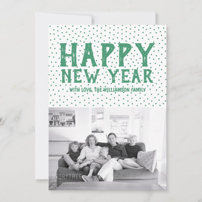 Dotted Happy New Year Photo Card | Green (Front)