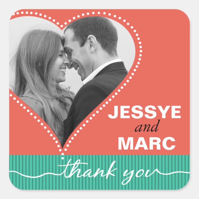 Dotted Heart Photo Thank You coral jade Square Sticker (Front)
