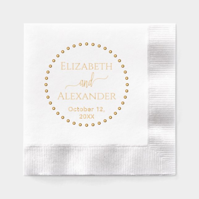 Dotted Round Frame Bride Groom Names Date Wedding Foil Napkins (Front)