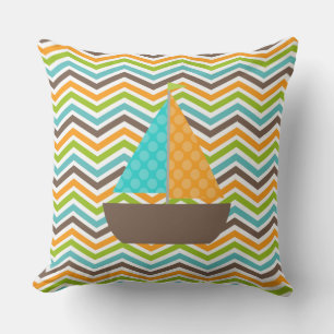 Dotted Sailboat on Chevron Stripe Outdoor Pillow