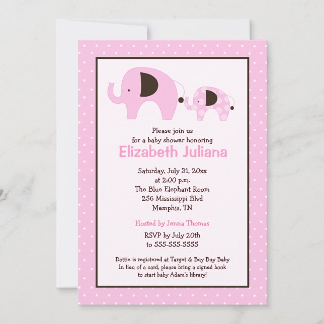 Dottie Elephant (Light Pink) Baby Shower Invite (Front)
