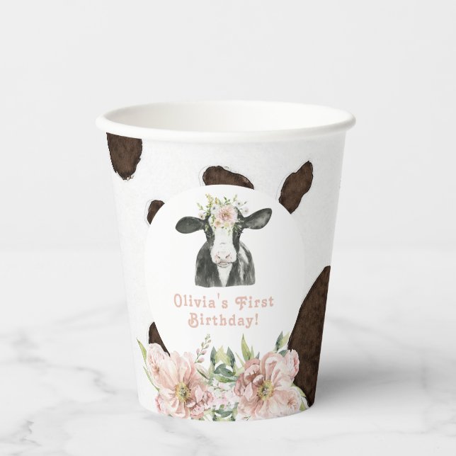 DOTTIE Holy Cow Cute Floral Farm 1st Birthday  Paper Cups (Front)