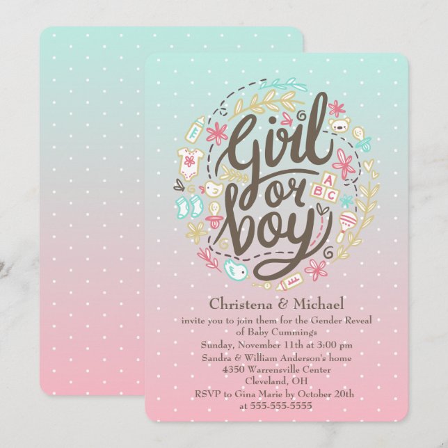 Dotty 2 Tone Watercolor Gender Reveal Invitation (Front/Back)