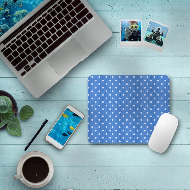 Dotty Delight Blue Mouse Pad (A Dotty Delight Blue Mouse Pad is on the table. )