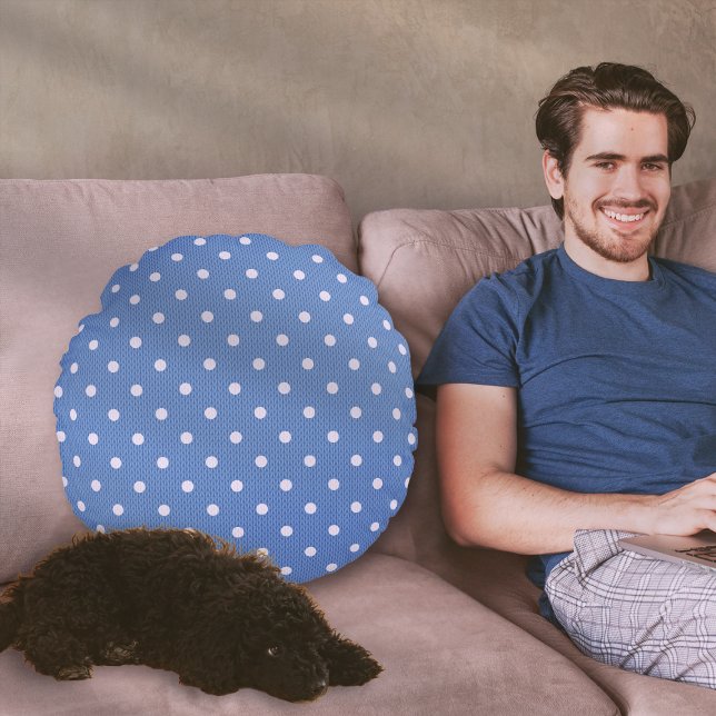 Dotty Delight Blue Round Cushion (A Dotty Delight Blue Round Pillow on the sofa.)