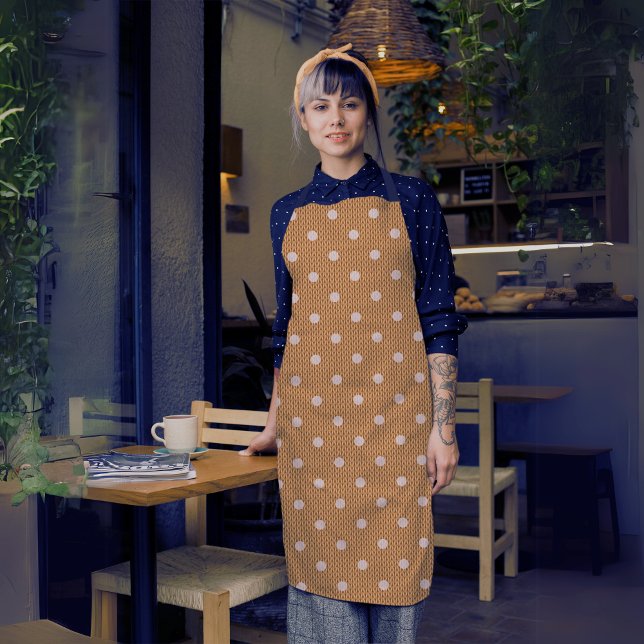 Dotty Delight Orange Apron (A woman in a Dotty Delight Orange apron is standing in the cafe. )