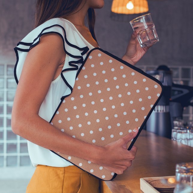  Dotty Delight Orange Laptop Sleeve (A woman is standing with a laptop in Dotty Orange Green Laptop Sleeve.)