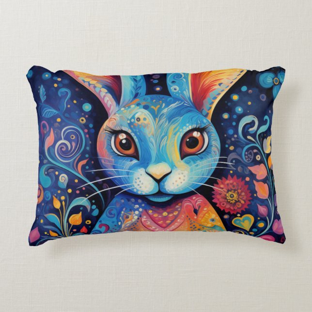 Dotty Delight: Rainbow Doodle Bunny Decorative Cushion (Front)