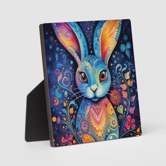 Dotty Delight: Rainbow Doodle Bunny Plaque (Front)