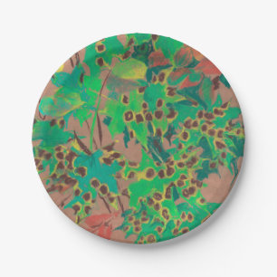 Dotty leaves, autumn floral, green, yellow & brown paper plate