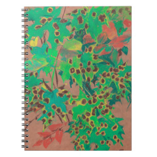 Dotty leaves, autumn floral, green, yellow & brown spiral notebook