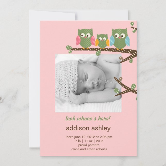 Dotty Owls Baby Girl Birth Announcement (Front)