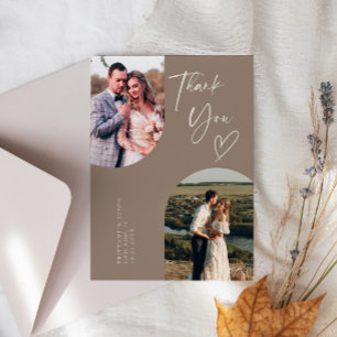 Double Arch Brown Wedding Photo Thank You Card