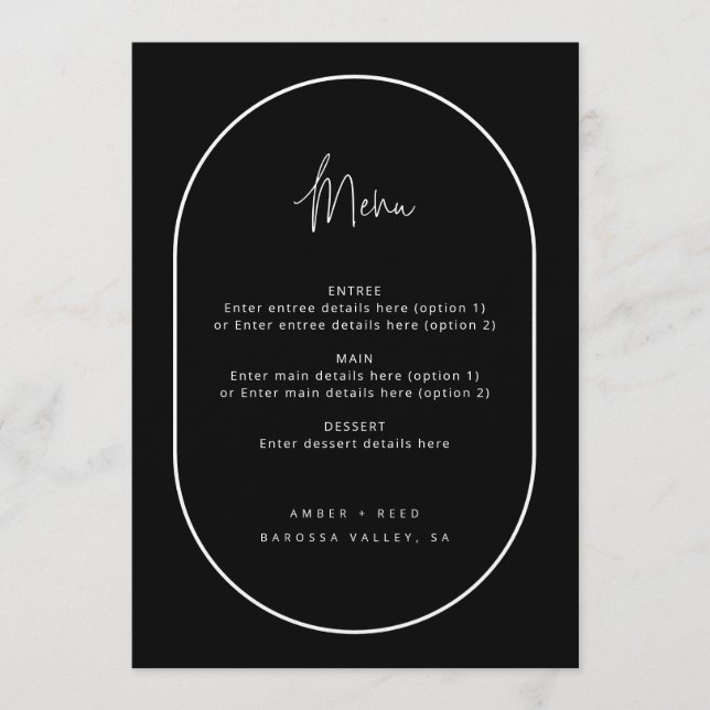 Double Arch Minimal Script Black Wedding Menu (Front)
