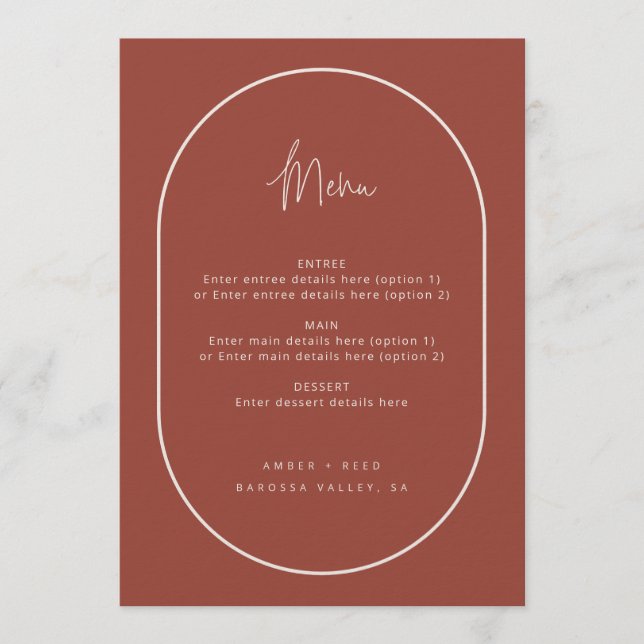 Double Arch Minimal Script Terracotta Wedding Menu (Front)
