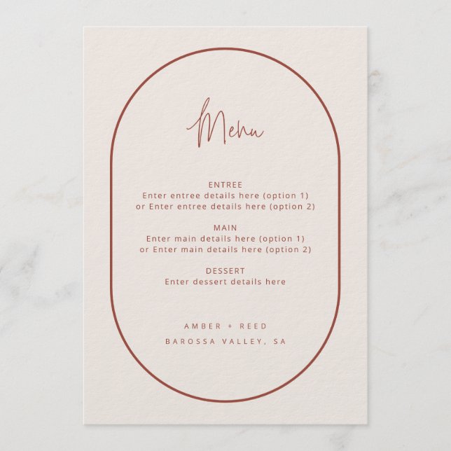 Double Arch Minimal Script Terracotta Wedding Menu (Front)