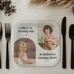Double Arch Photo Joint Birthday Paper Napkin Paper Plate<br><div class="desc">A modern joint Birthday party design featuring 2 of your own photos in an arched shape. You can change the colour of all of the text and the stars in this design.</div>