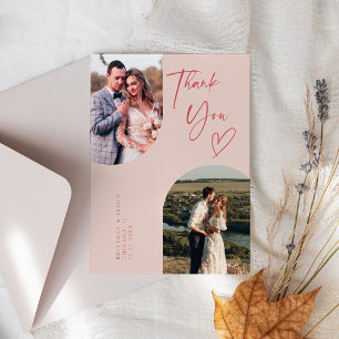 Double Arch Pink Wedding Photo Thank You Card