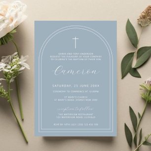 Double arch simple cross blue christening baptism invitation