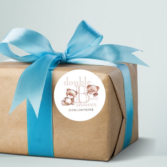  Double Baby Shower Cute Modern Bears Double Classic Round Sticker (Creator Uploaded)