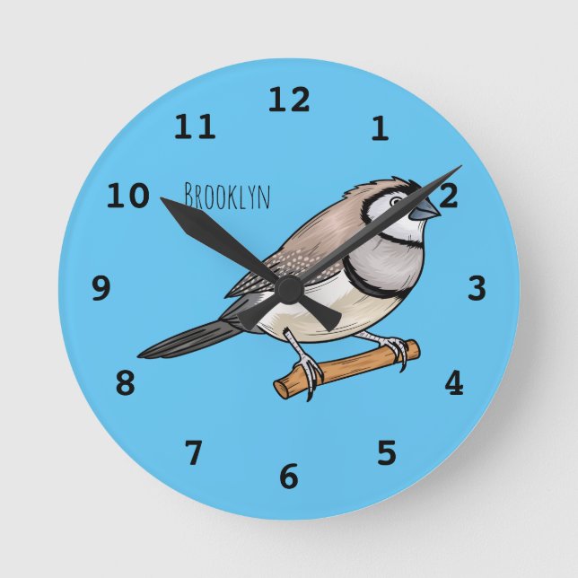 Double-barred finch bird cartoon illustration round clock (Front)