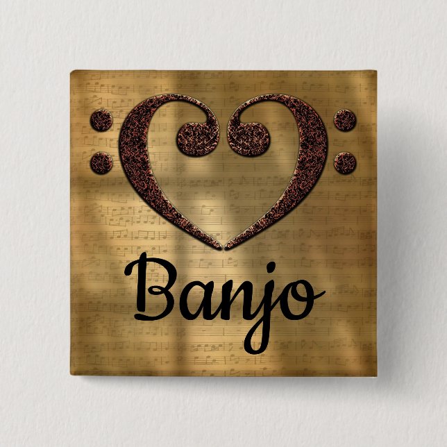 Double Bass Clef Heart Banjo 15 Cm Square Badge (Front)