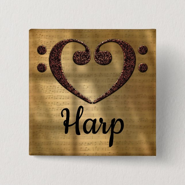 Double Bass Clef Heart Harp 15 Cm Square Badge (Front)