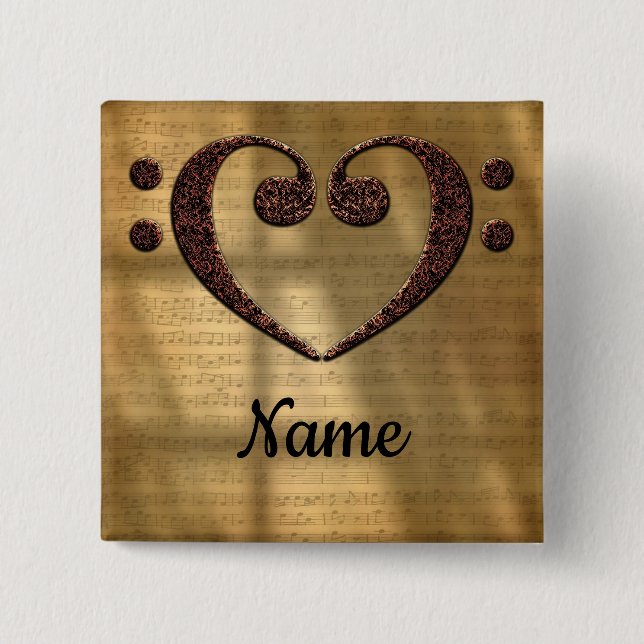 Double Bass Clef Heart Sheet Music Customised 15 Cm Square Badge (Front)