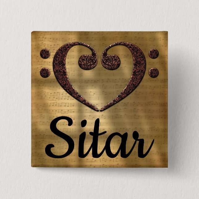 Double Bass Clef Heart Sitar 15 Cm Square Badge (Front)
