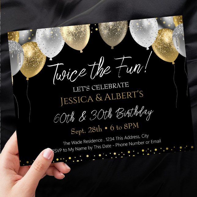 Double Birthday Black and Gold Balloons Invitation (Creator Uploaded)