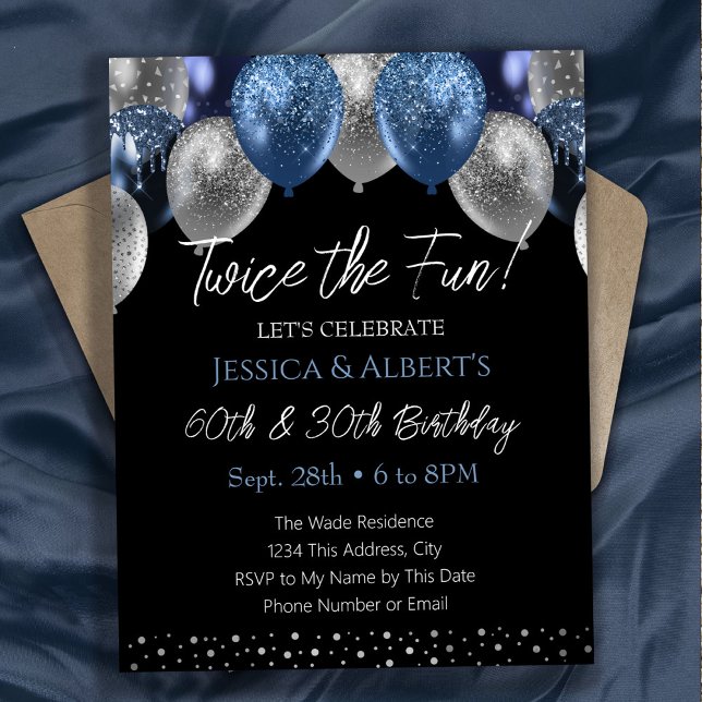 Double Birthday Blue and Silver Balloon Invitation (Creator Uploaded)