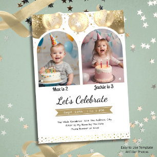 Double Birthday Gold Balloons Arch Kids Party Invitation