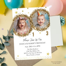 Double Birthday Gold Glitter Kids Photo Invitation