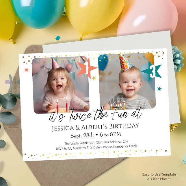 Double Birthday Kids Photo Invitation (Creator Uploaded)