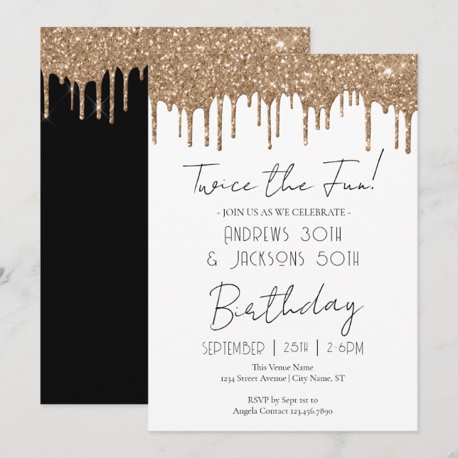 Double Birthday Party Elegant Gold Drips Invitation (Front/Back)