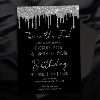 Double Birthday Party Elegant Silver Drips Invitation