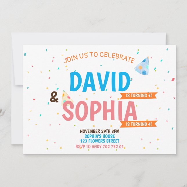 Double Birthday Party Joint Siblings Boy & Girl Invitation (Front)