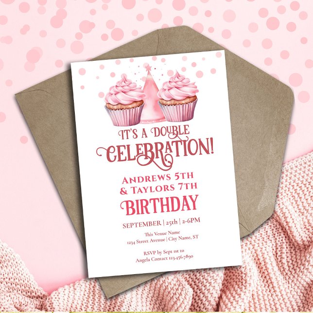 Double Birthday Party Kids Pink Cupcakes Invitation (Creator Uploaded)