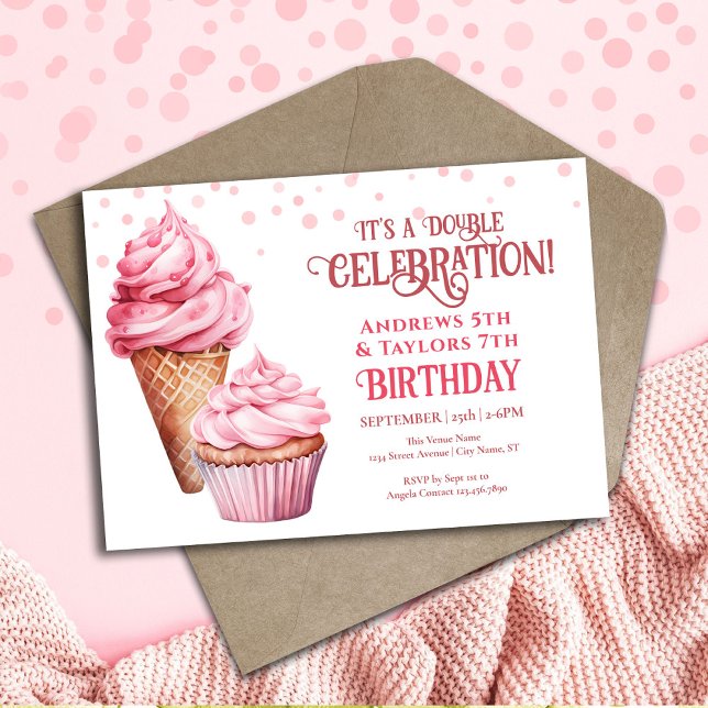 Double Birthday Party Kids Pink Ice cream Invitation (Creator Uploaded)