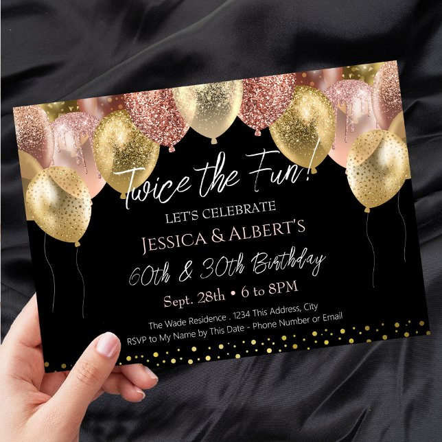Double Birthday Rose Gold and Gold Balloons Invitation (Creator Uploaded)