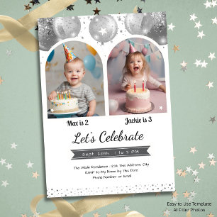 Double Birthday Silver Balloons Arch Kids Party Invitation