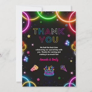 Double Birthday Twin Neon Siblings Glow Party Thank You Card