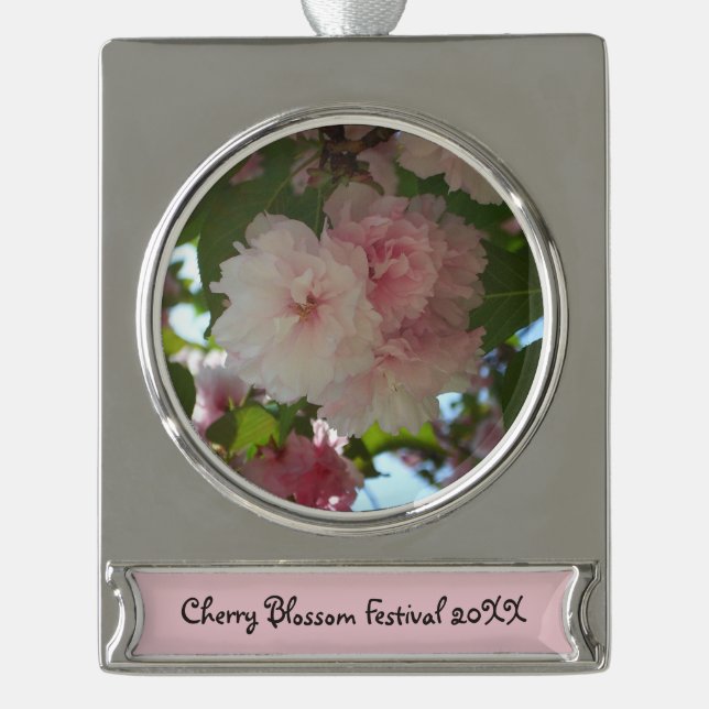 Double Blossoming Cherry Tree I Spring Floral Silver Plated Banner Ornament (Front)