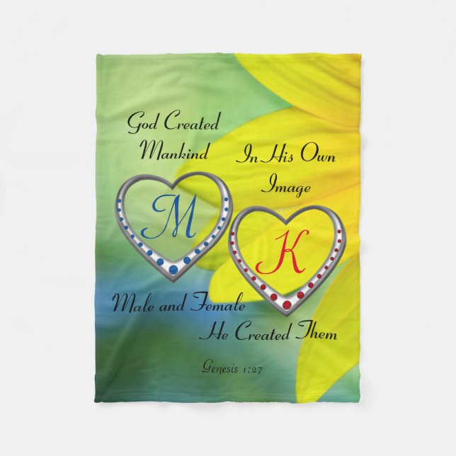 Double Blue and Red Heart Monograms w/Bible Quote Fleece Blanket (Front)