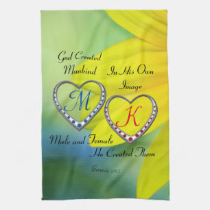 Double Blue and Red Heart Monograms w/Bible Quote Tea Towel