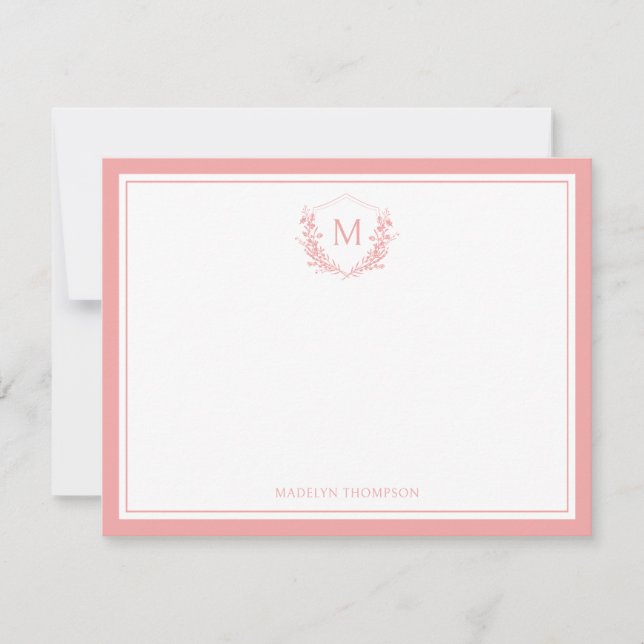 Double Border Peach Floral Crest Classic Monogram Card (Front)